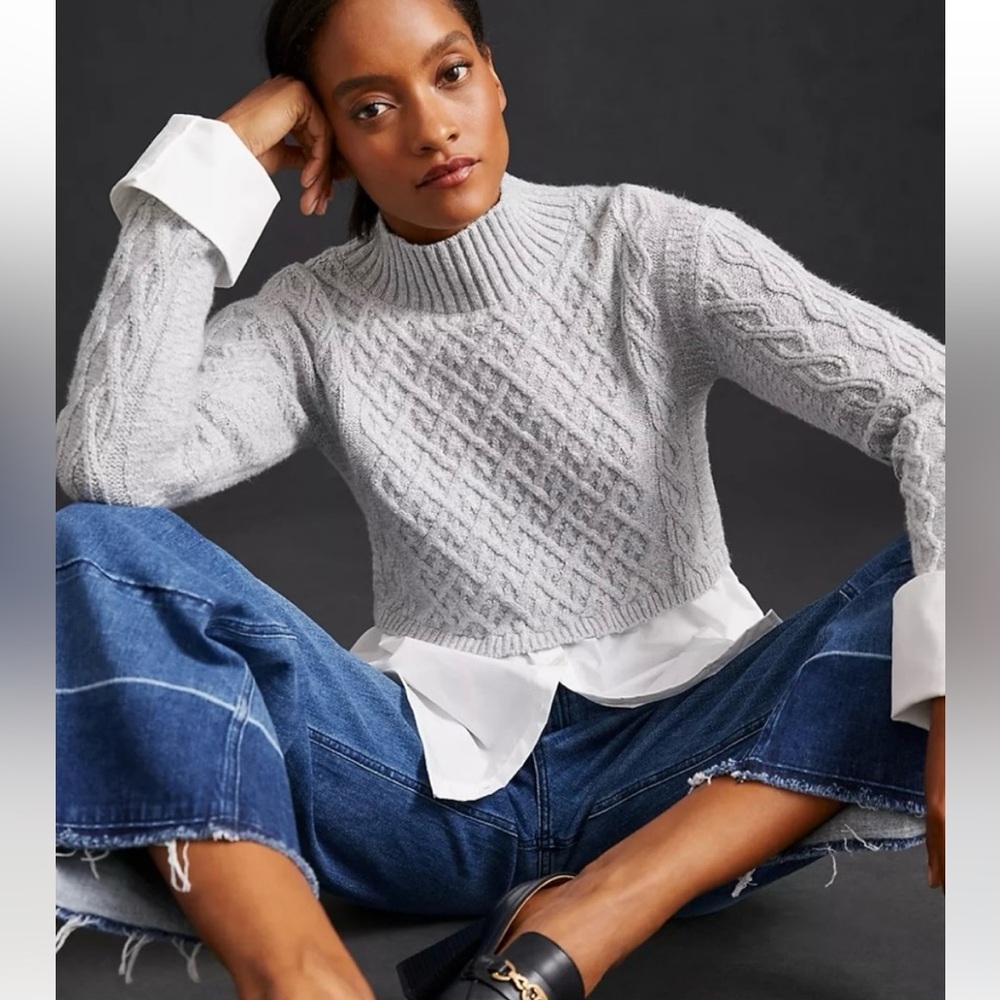 Anthropologie Maeve Cable Knit Layered Buttoned Soft Grey Sweater Size Medium - Picture 3 of 14